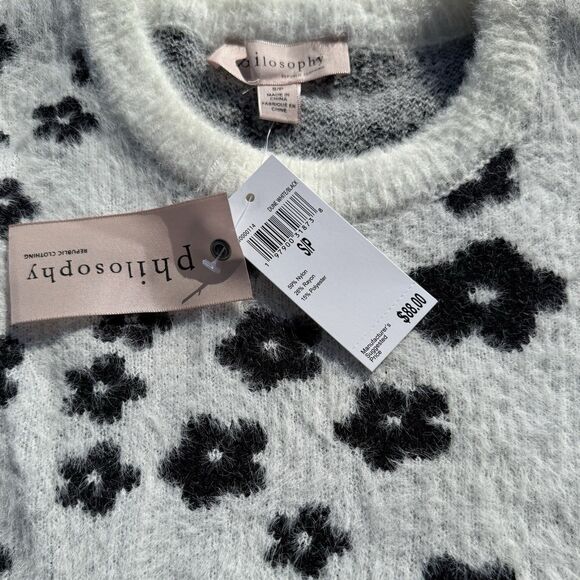 Philosophy White Black Flower Crew Neck Fuzzy Warm Sweater Women Small NWT $88 - Picture 3 of 8
